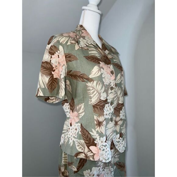 Women’s Linen Floral Button Down Set Hawaiian Tropical Skirt & Top - Picture 10 of 11